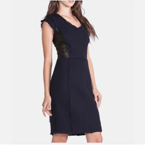 Rebecca Taylor Dresses & Skirts - Rebecca Taylor Navy Blue Fringed Tweed Black Leather Panel Sheath Dress Size 4